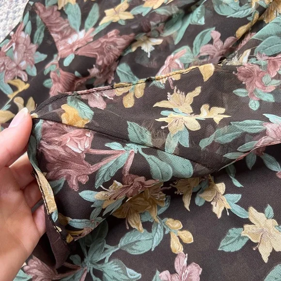 Vintage 1970s One of a Kind Brown Floral Semi-Sheer Wrap Dress - Picture 8 of 11